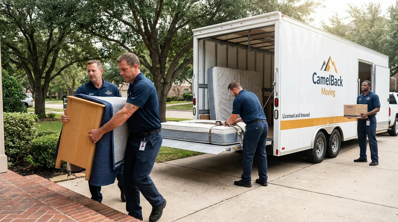 Crew loading residential truck for cross-state move from South Hutchinson, KS