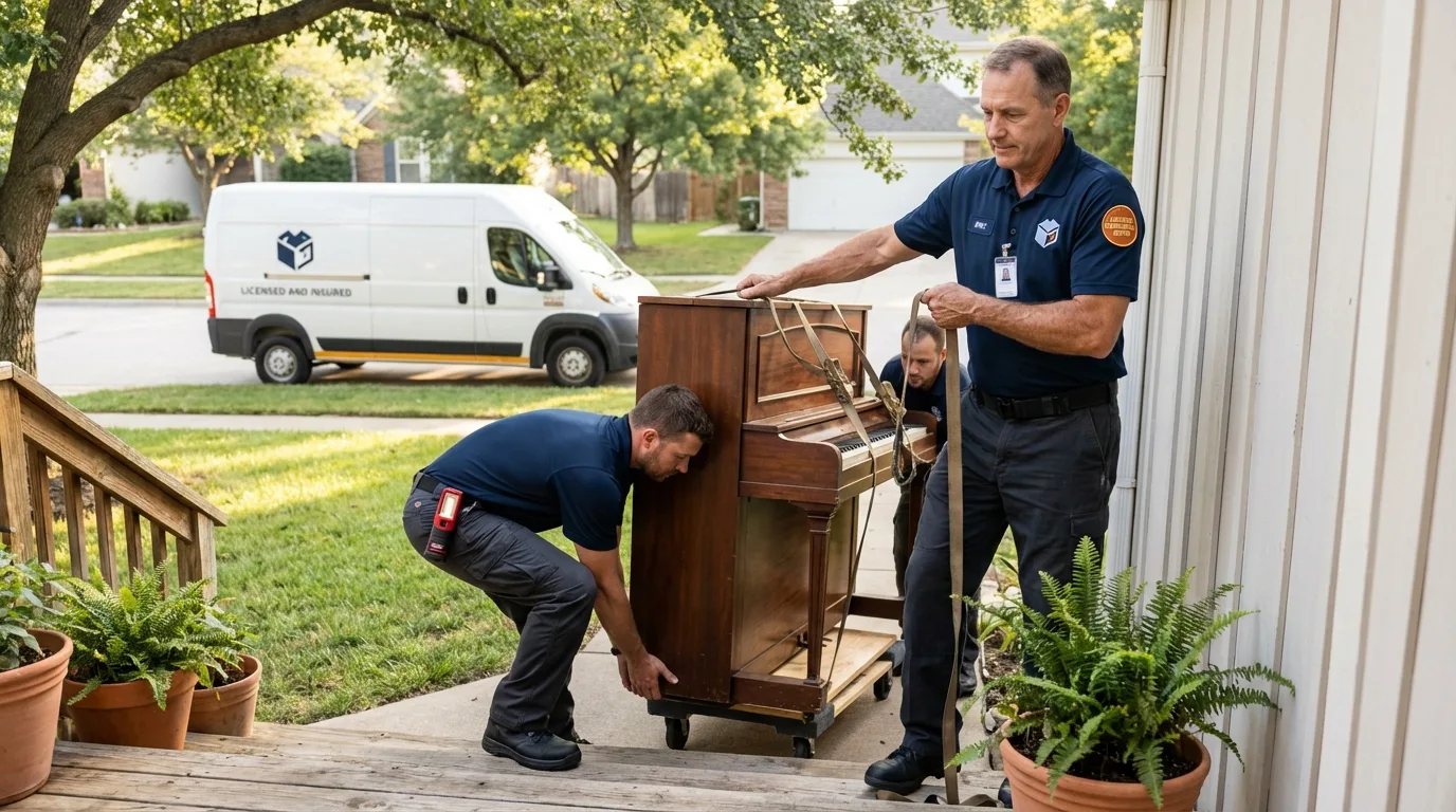 Licensed piano movers securing grand piano in South Hutchinson, KS