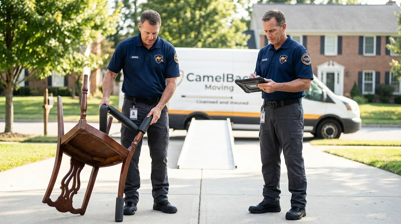 Movers inspecting furniture for damage prevention before loading in South Hutchinson, KS