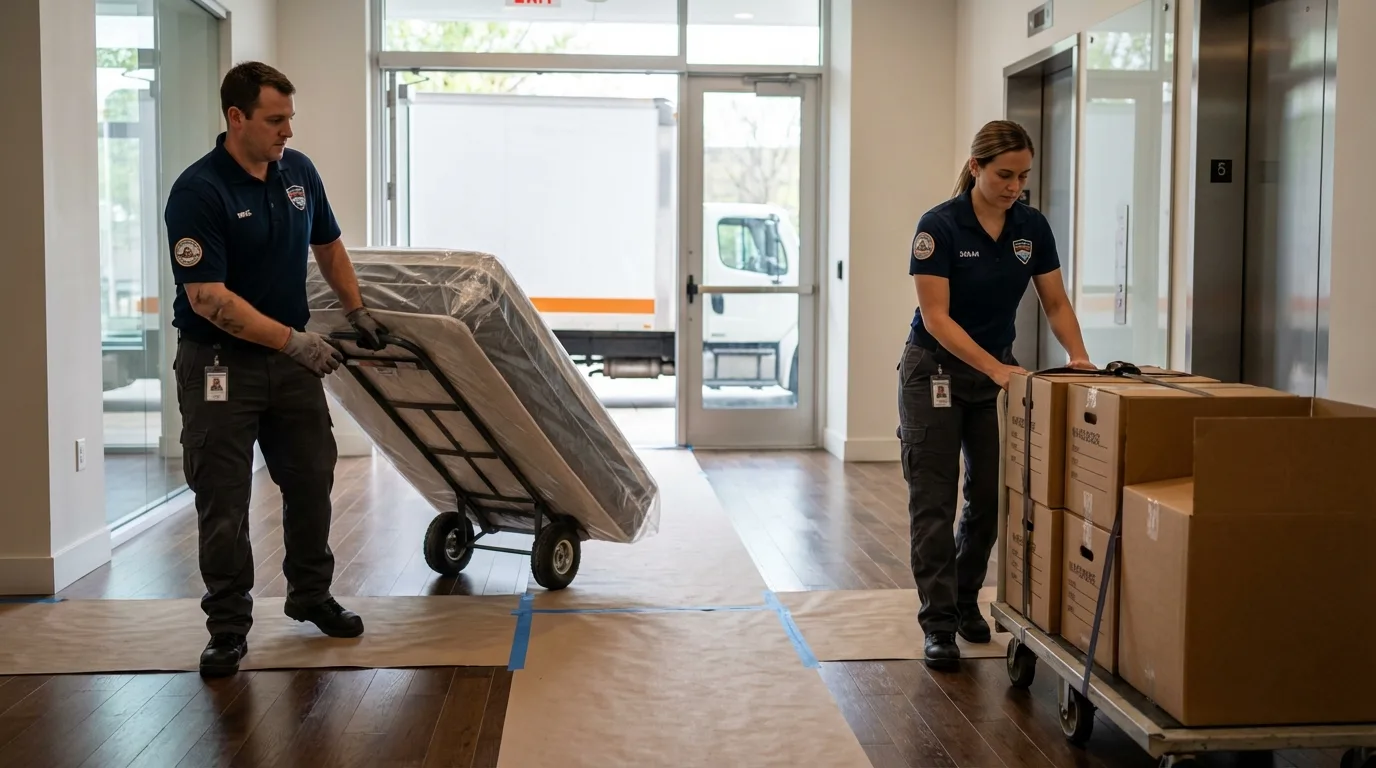 Professional apartment movers loading elevator in South Hutchinson, KS
