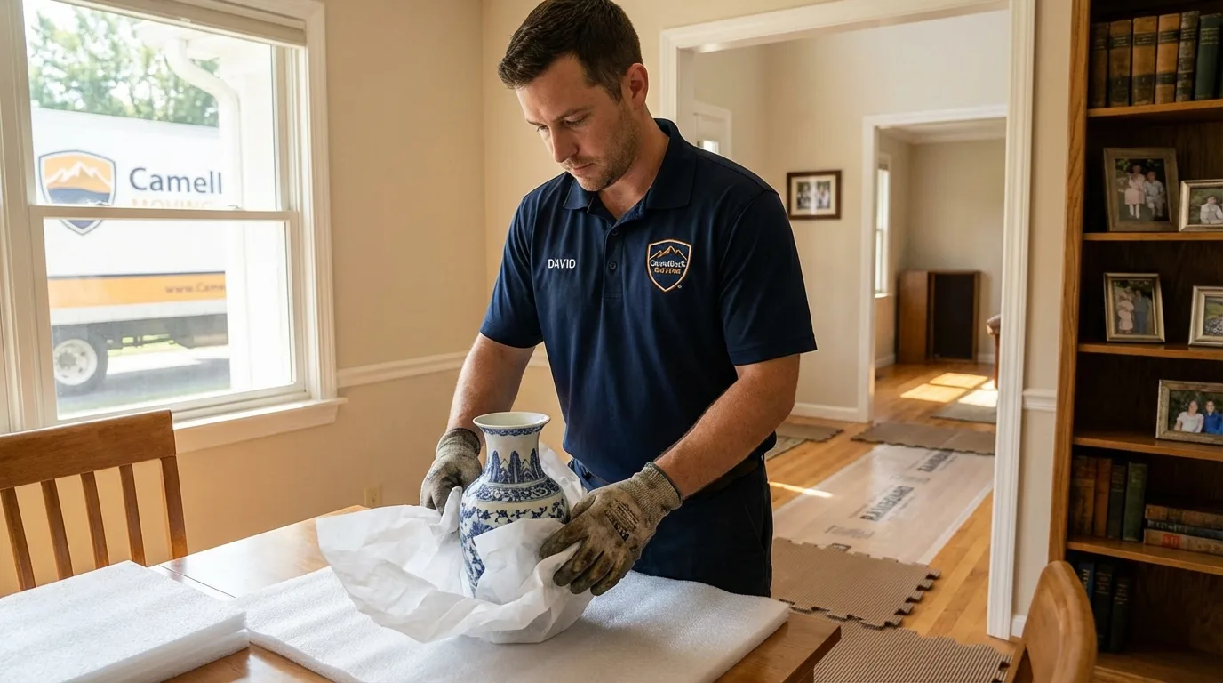 Professional crew carefully wrapping antique vase for senior downsizing move in South Hutchinson, KS
